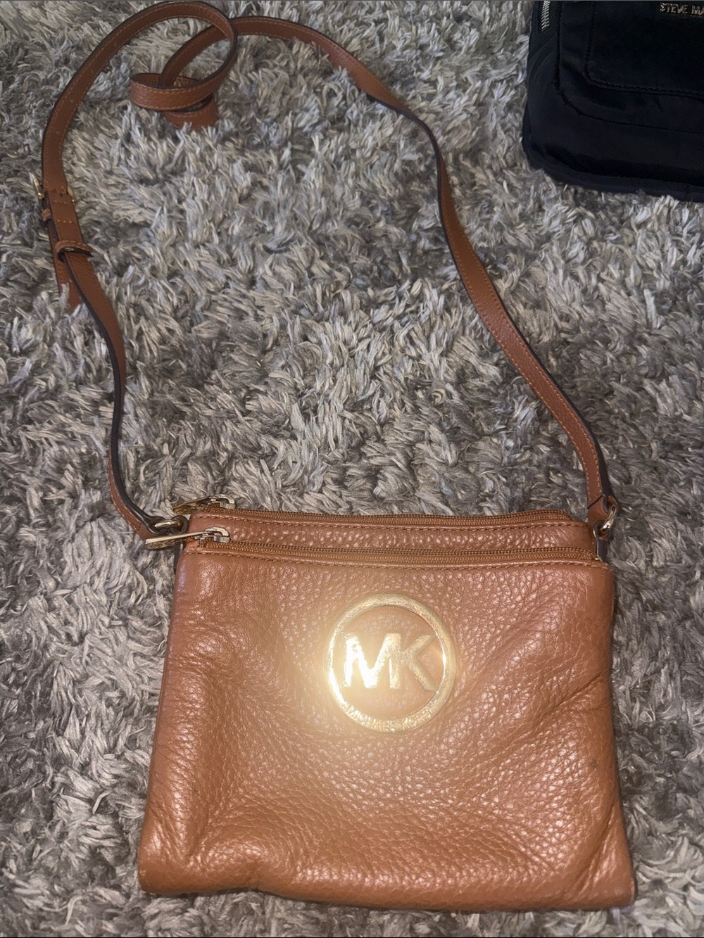 Michael Kors Cognac Pebbled Leather Crossbody Bag with Gold MK Logo